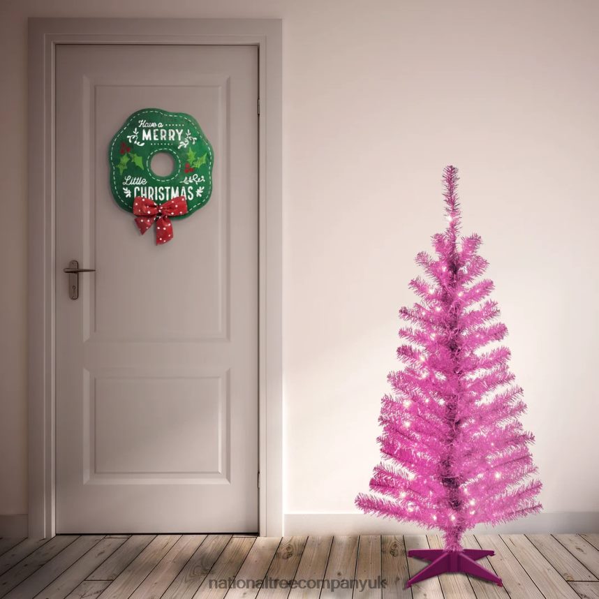Trees | National Tree Company Pre-Lit Artificial Christmas Tree Pink Tinsel White Lights Includes Stand 4 feet F2L4F46